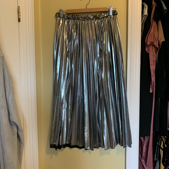 Silver Pleated Midi Skirt